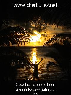 légende: Coucher de soleil sur Amuri Beach Aitutaki 03
qualityCode=raw
sizeCode=half

Données de l'image originale:
Taille originale: 176584 bytes
Temps d'exposition: 1/600 s
Diaph: f/680/100
Heure de prise de vue: 2003:04:13 18:18:09
Flash: non
Focale: 120/10 mm
